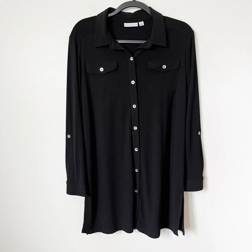Susan Graver Liquid Knit Button Down Shirt Dress Womens Medium Black